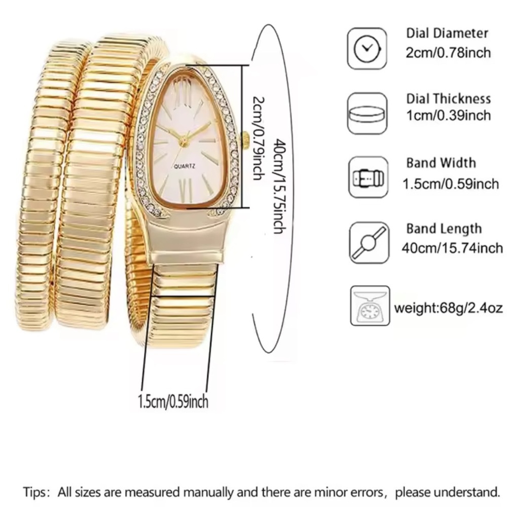 Serpent serpentine Gold Coil Wrap Bracelet Watch Vintage Snake-Inspired Design - Picture 3 of 9